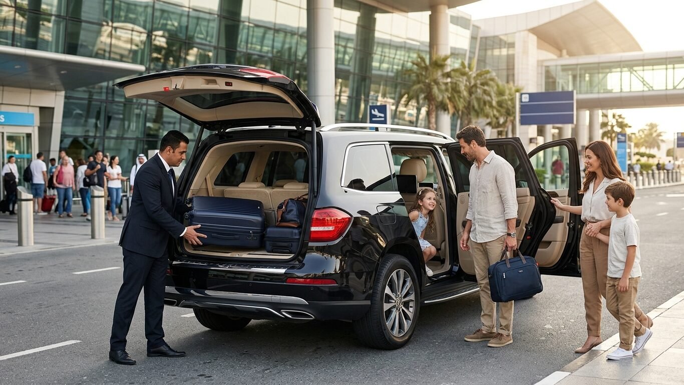 Airport car service Lawrenceville providing comfortable luxury SUV transportation for a family with luggage