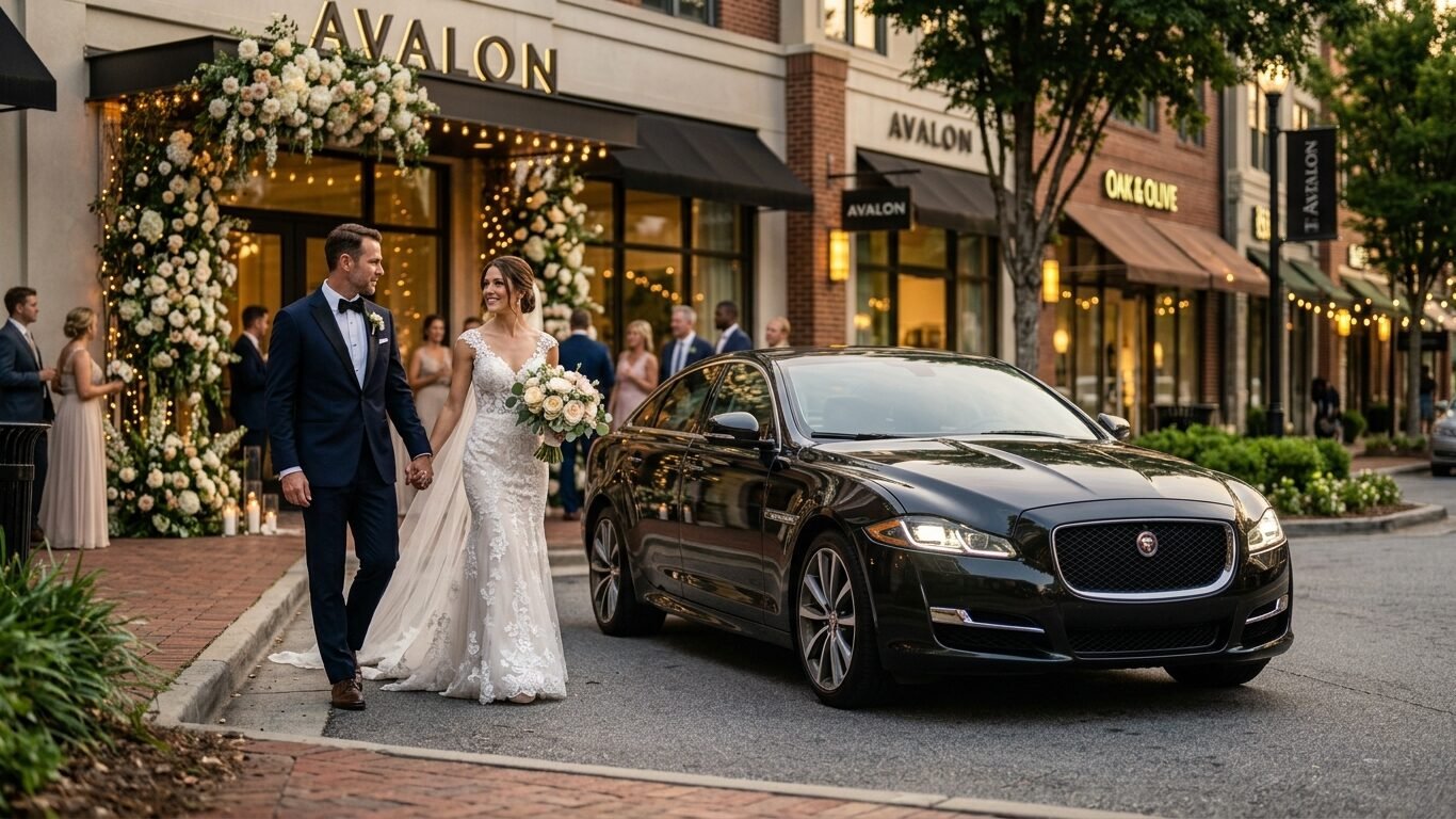 Jaguar rental in Alpharetta arriving at an elegant wedding venue for a special event