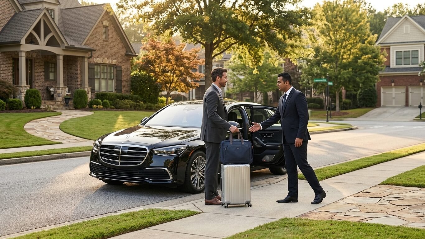 Pre-arranged airport car service Lawrenceville with a luxury vehicle and chauffeur ready for airport pickup