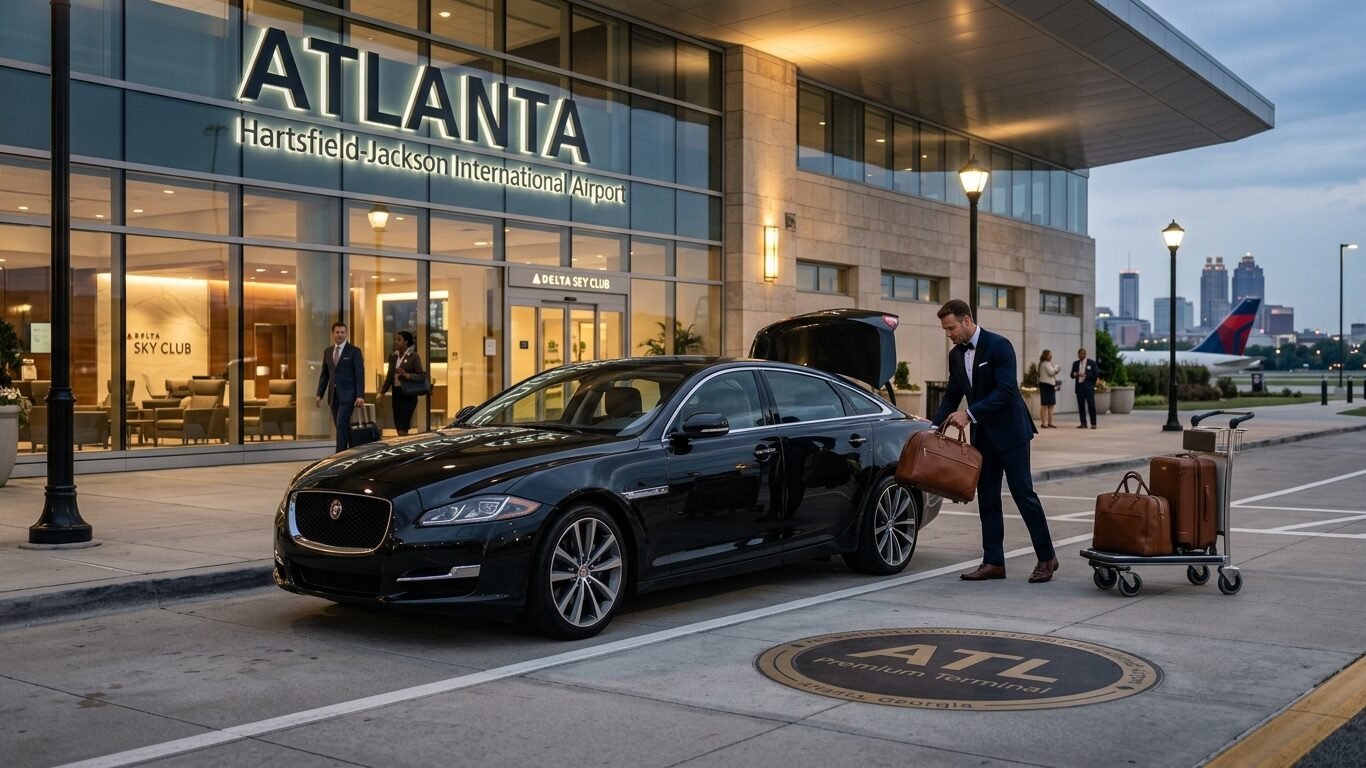 Jaguar rental in Alpharetta providing luxury airport transportation for a business traveler