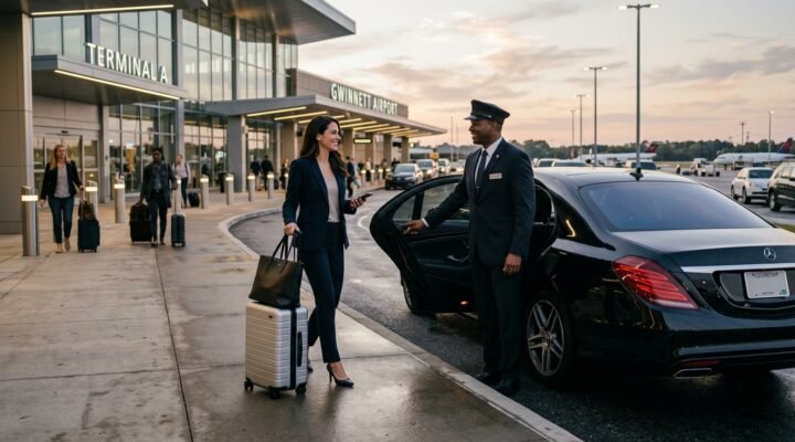 Airport car service Lawrenceville with a professional chauffeur welcoming a business traveler at the airport
