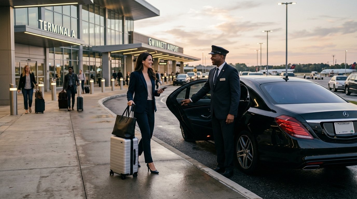 Airport car service Lawrenceville with a professional chauffeur welcoming a business traveler at the airport