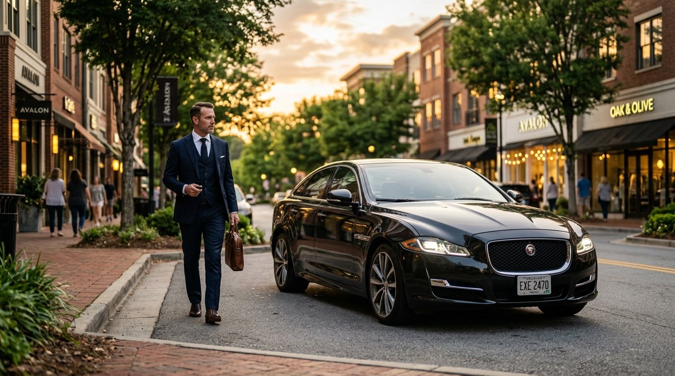 Jaguar rental in Alpharetta parked outside an upscale business area during golden hour