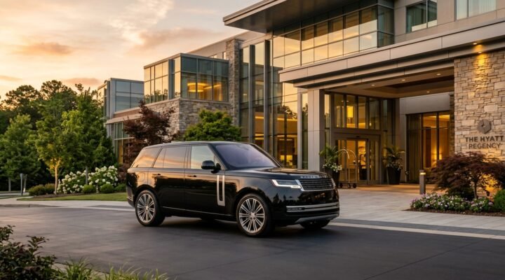 Luxury SUV rentals in Johns Creek parked outside an upscale hotel.